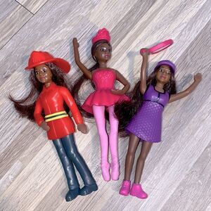 Barbie dolls miniature fire fighter in bouts and hat  ballerina in tutu tennis